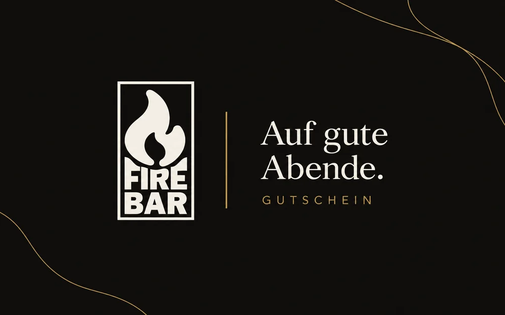 Gutschein der Fire Bar Landshut: Logo und der Schriftzug „Auf gute Abende.“ auf Schwarz mit Goldlinien